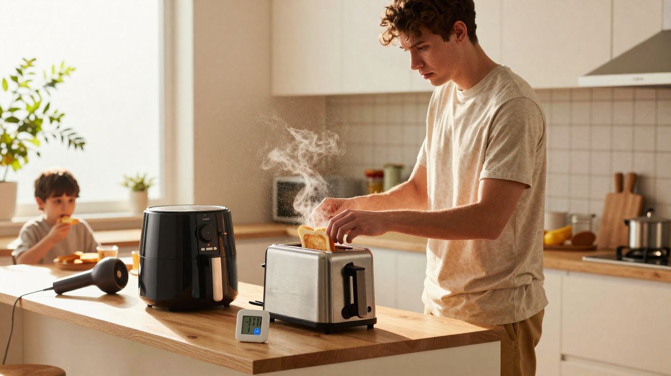 Homem retira fatias de pão torrado de uma torradeira numa cozinha moderna com criança ao fundo a comer.
