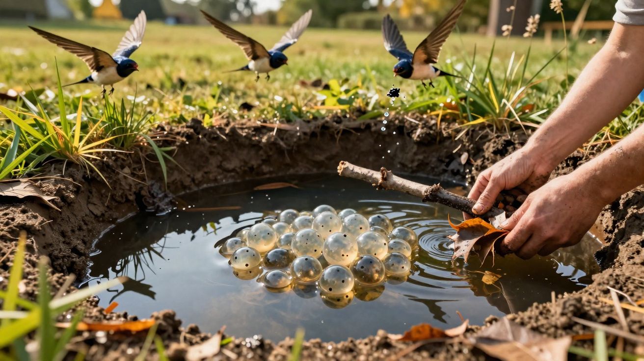 Mãos a cuidar de ovos de rã em poça de água na terra enquanto andorinhas voam próximas.