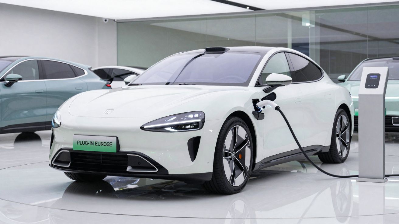 Carro elétrico branco a carregar numa estação moderna num showroom com piso brilhante e outras viaturas ao fundo.