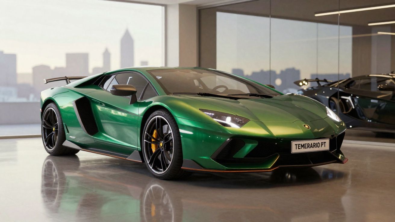 Carro desportivo Lamborghini verde metálico exposto em salão com piso brilhante e vista urbana ao fundo.
