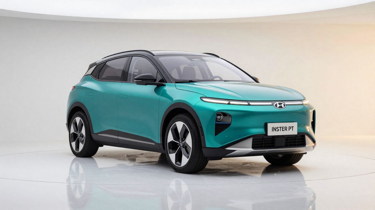 Carro SUV elétrico Hyundai verde água estacionado em fundo minimalista branco com placa INSTER PT.