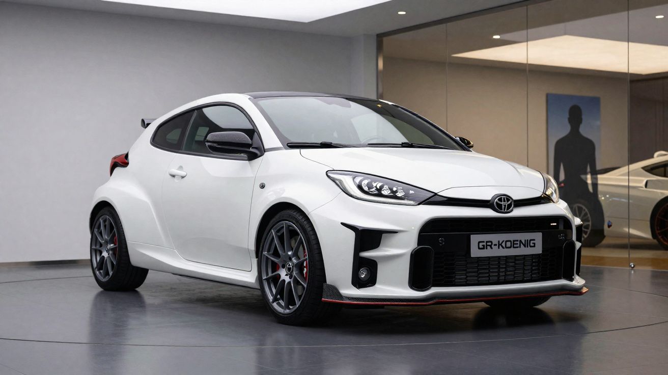 Carro desportivo branco Toyota GR-Koenig estacionado em piso cinzento dentro de showroom moderno.