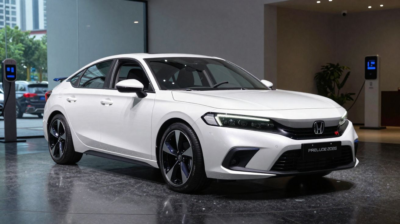 Carro Honda Prelude 2023 branco estacionado em espaço interior moderno com piso polido.