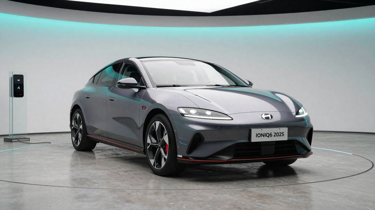 Carro elétrico cinza Hyundai Ioniq 6 2025 numa sala branca moderna com luzes azuis.