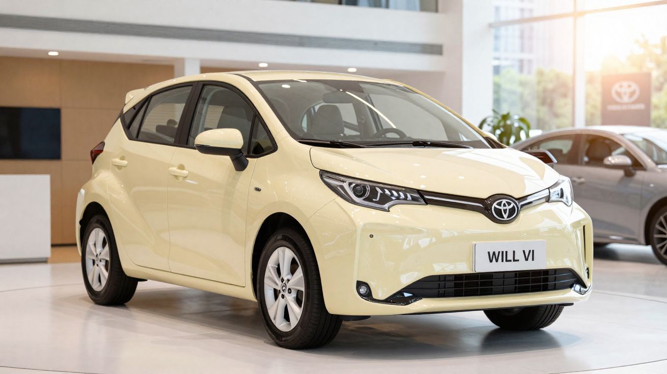 Carro Toyota Will VI compacto amarelo exibido numa sala de exposição moderna com iluminação natural.