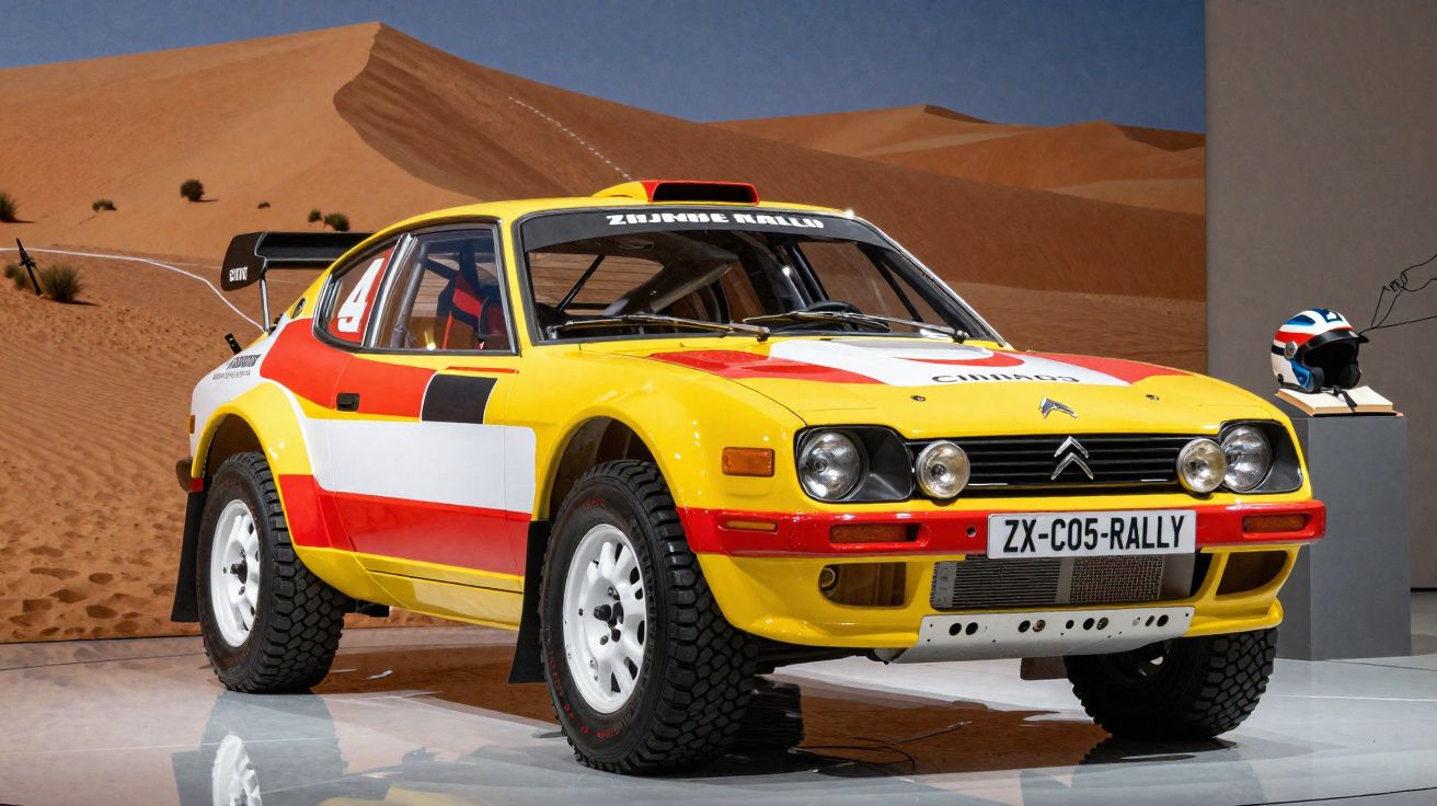 Carro de rali Citroën ZX amarelo, branco e vermelho exposto com capacete ao lado e fundo de dunas desérticas.