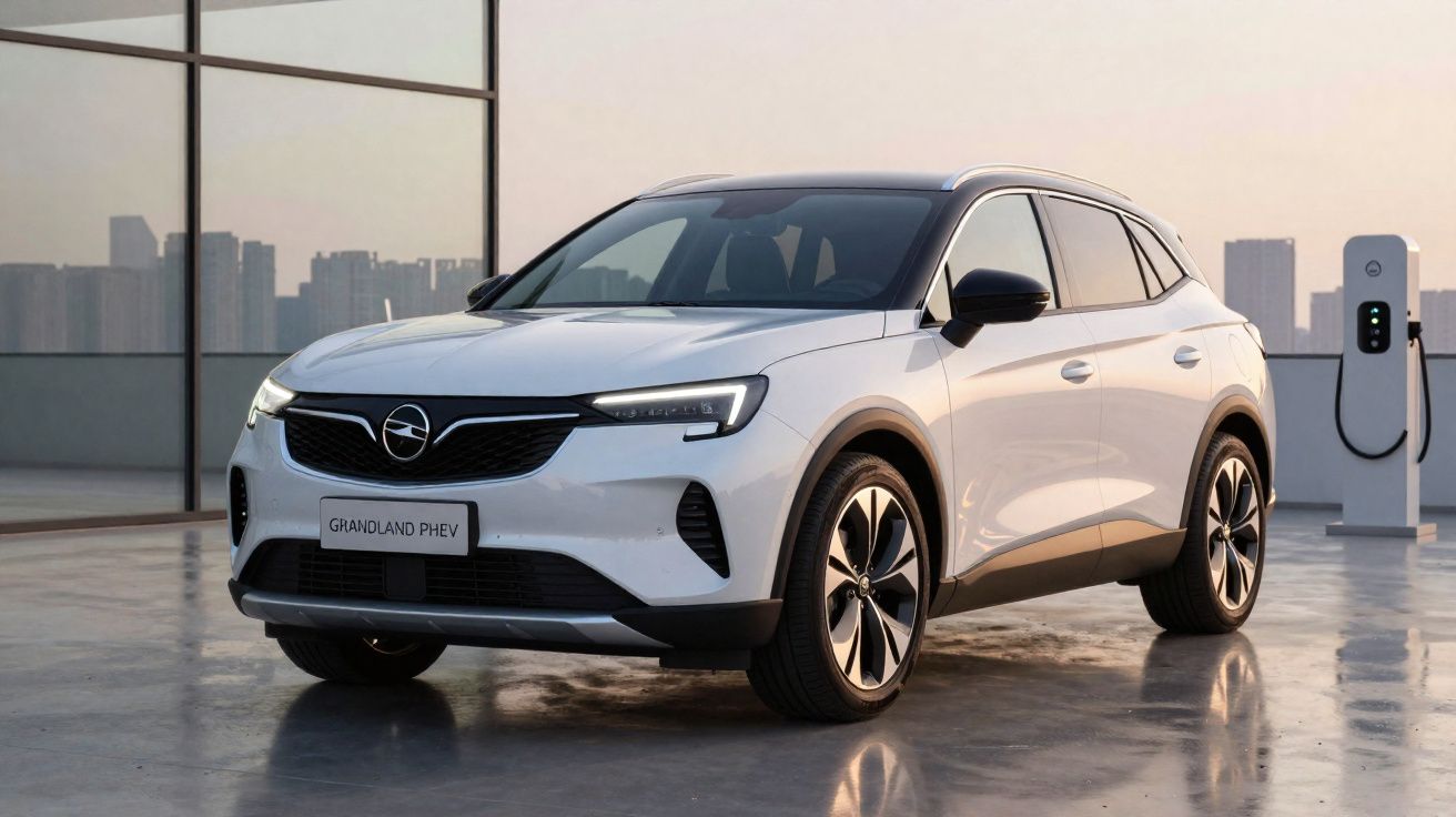 SUV elétrico branco Opel Grandland PHEV estacionado junto a posto de carregamento numa garagem moderna.