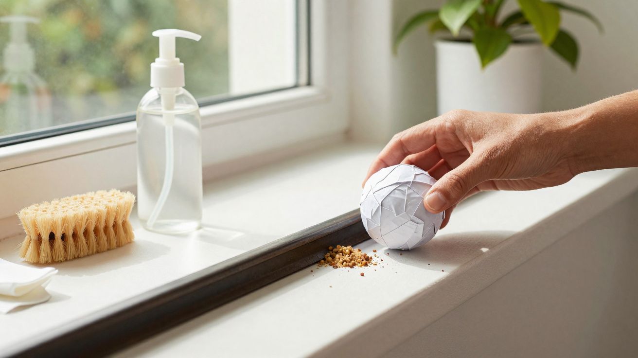 Mão a usar bola de papel para varrer migalhas numa superfície branca perto de janela com escova e dispensador.