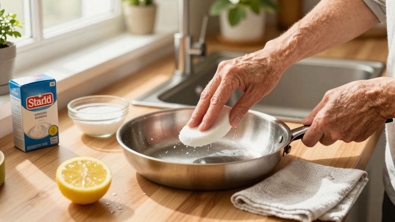 Mãos a esfregar uma frigideira de aço inox com uma esponja, com limão e bicarbonato na bancada.
