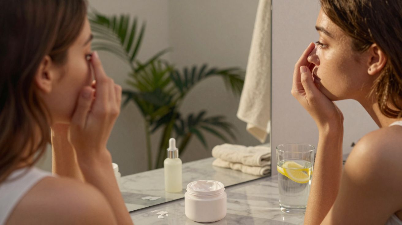 Mulher aplica creme facial sentada em frente a um espelho num ambiente de casa de banho iluminado.