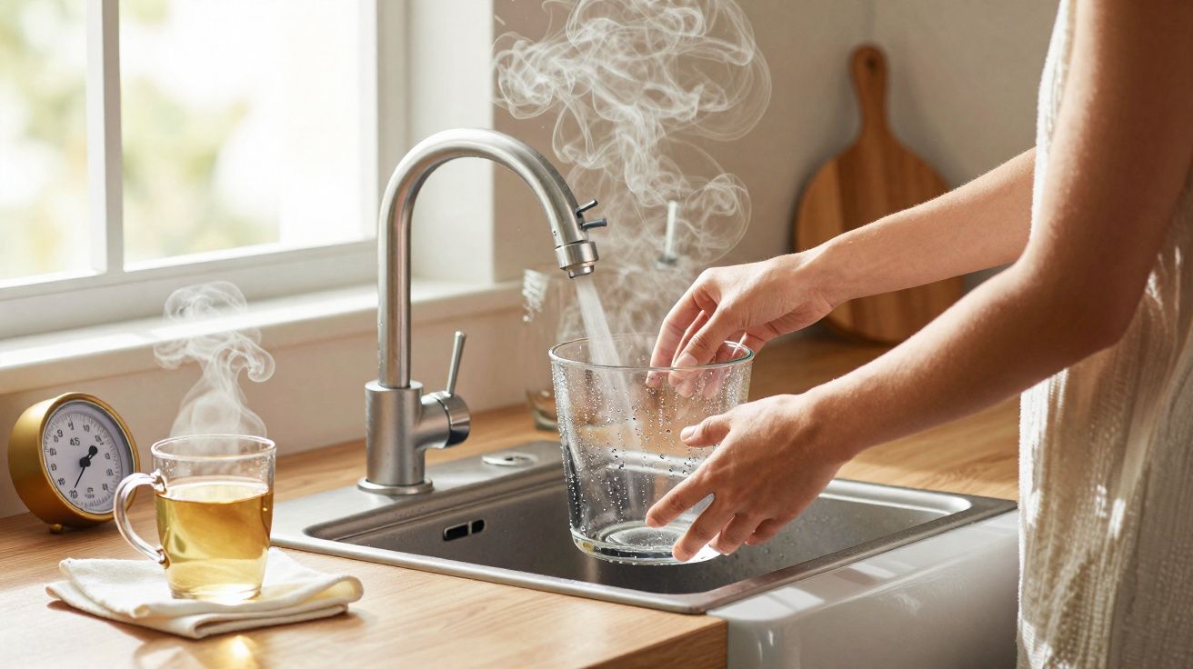 Mãos a encher copo de vidro com água quente numa cozinha iluminada com chá a vapor numa chávena ao lado.