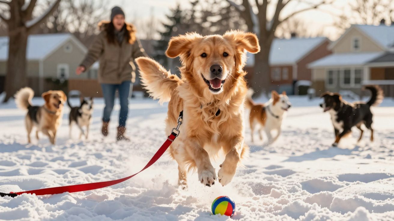 Cão dourado a correr na neve atrás de uma bola colorida com outros cães e pessoa ao fundo.