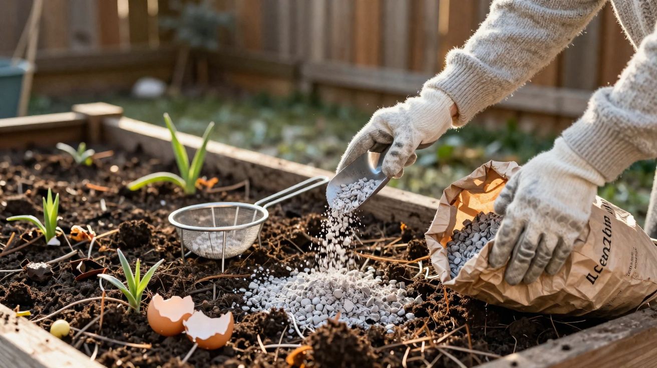 Pessoa a aplicar fertilizante granulado num canteiro de jardim com plantas em crescimento.