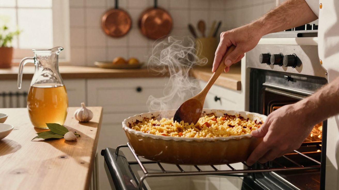 Pessoa a retirar uma travessa com arroz fumegante do forno numa cozinha rústica.