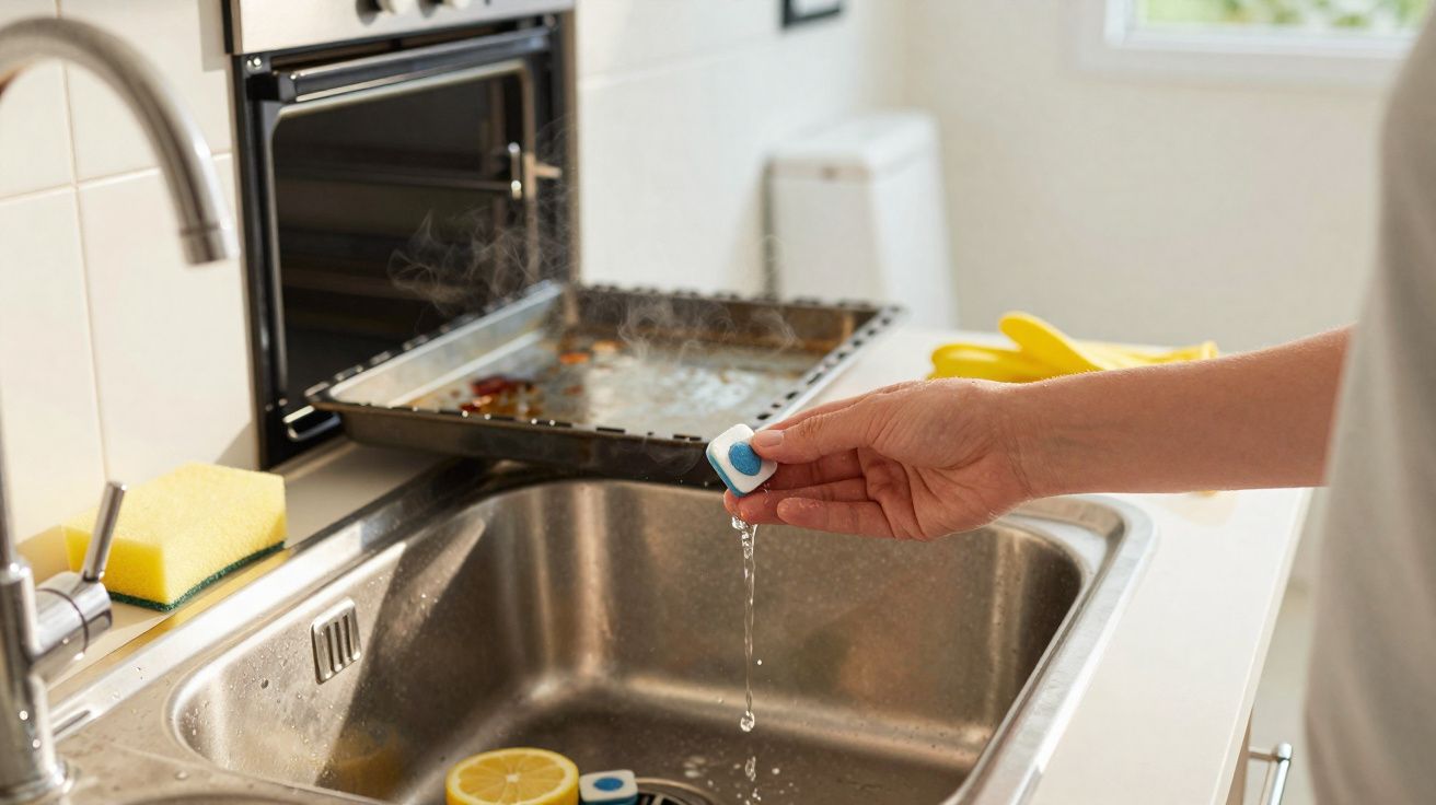 Pessoa a colocar pastilha detergente numa pia de cozinha com tabuleiro a vapor no lava-louça.