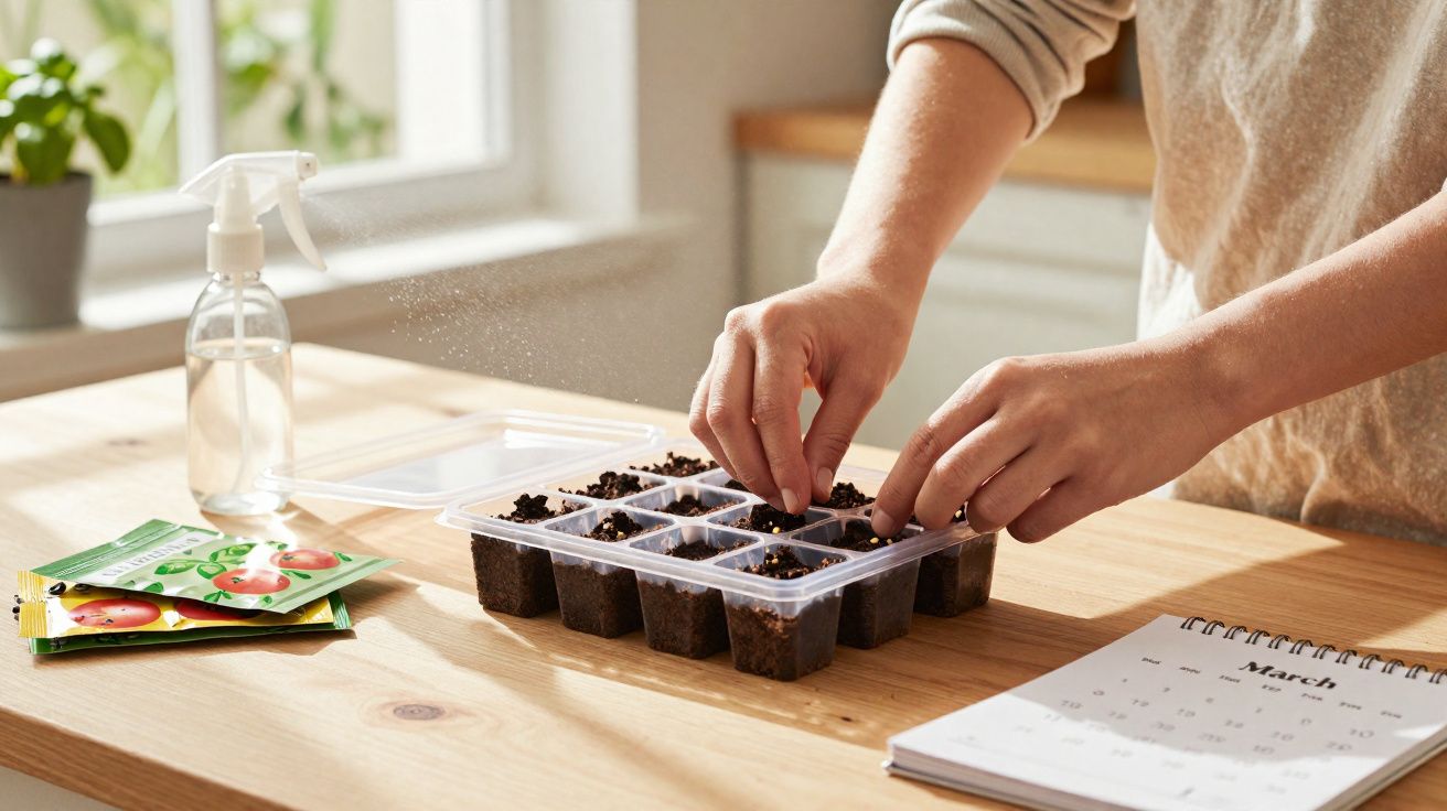 Mãos a semear sementes em tabuleiro com terra, ao lado de pacotes de sementes, borrifador e calendário.