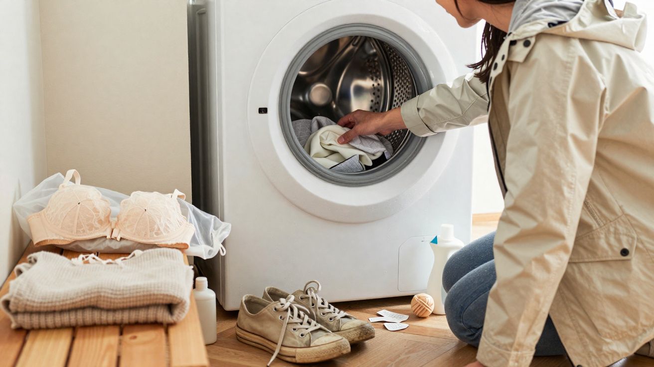 Pessoa a colocar roupa numa máquina de lavar roupa em ambiente doméstico.