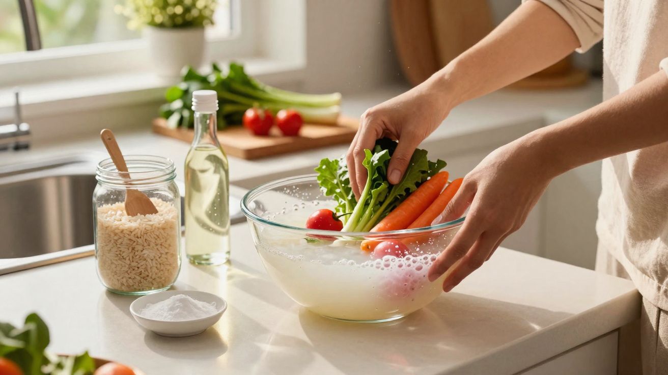 Pessoa a lavar legumes numa tigela de vidro com água e bolhas, numa cozinha iluminada.
