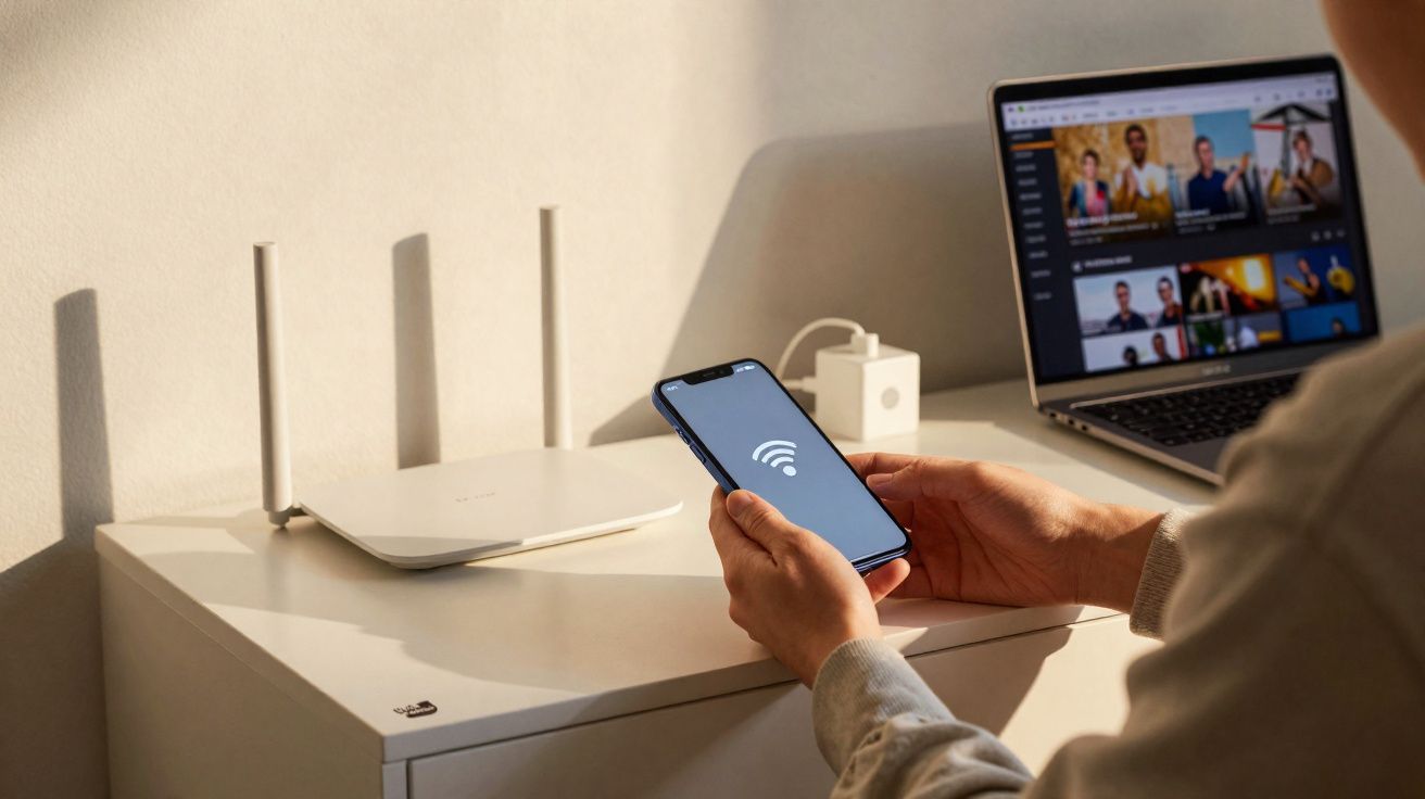 Pessoa a segurar um smartphone com símbolo de Wi-Fi à frente de um router e um portátil numa mesa.