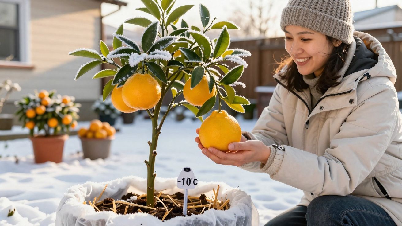 Mulher sorridente segura fruta num limoeiro plantado na neve, com termómetro marcando -10°C à vista.