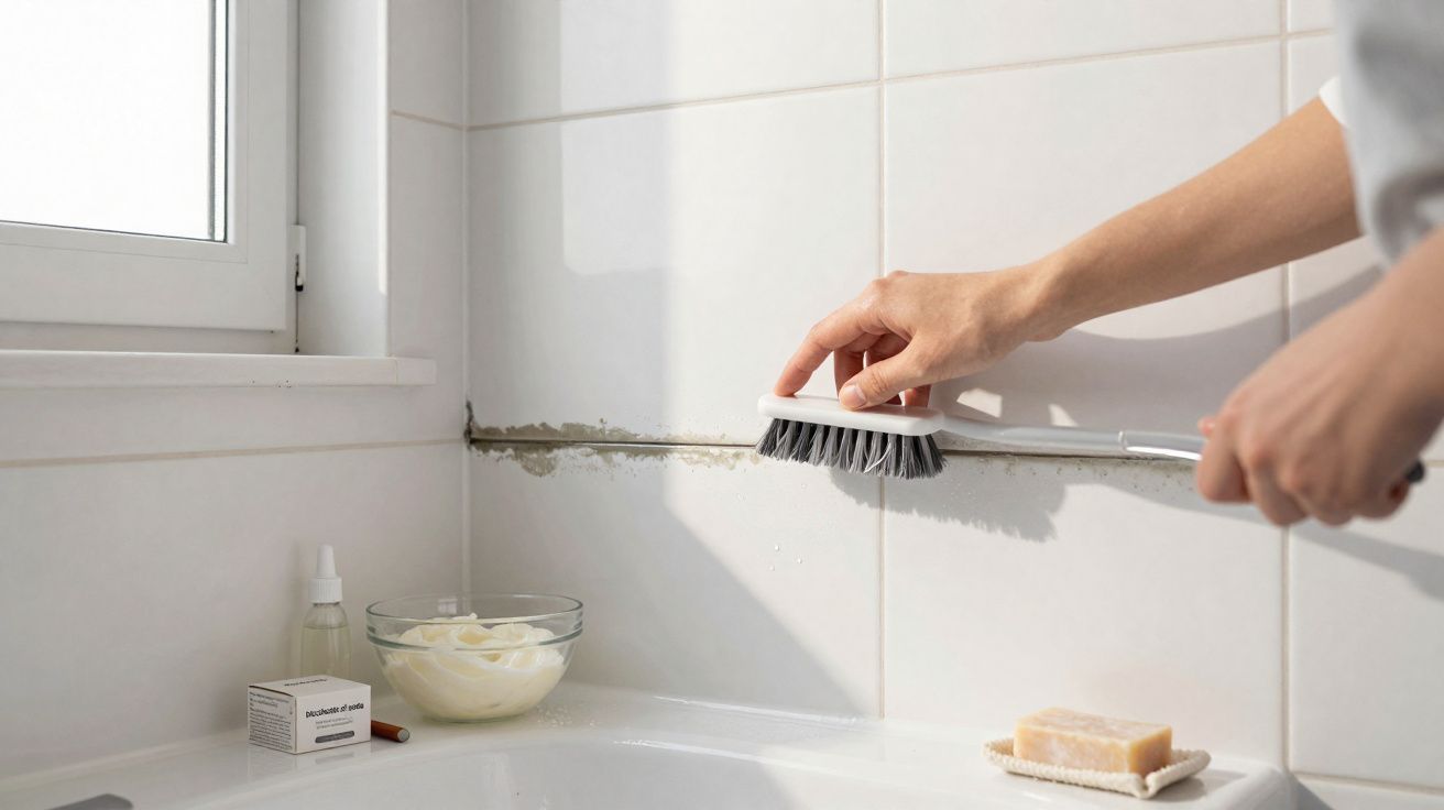 Pessoa a esfregar azulejos com escova num espaço com janela, sabonete e creme à vista.