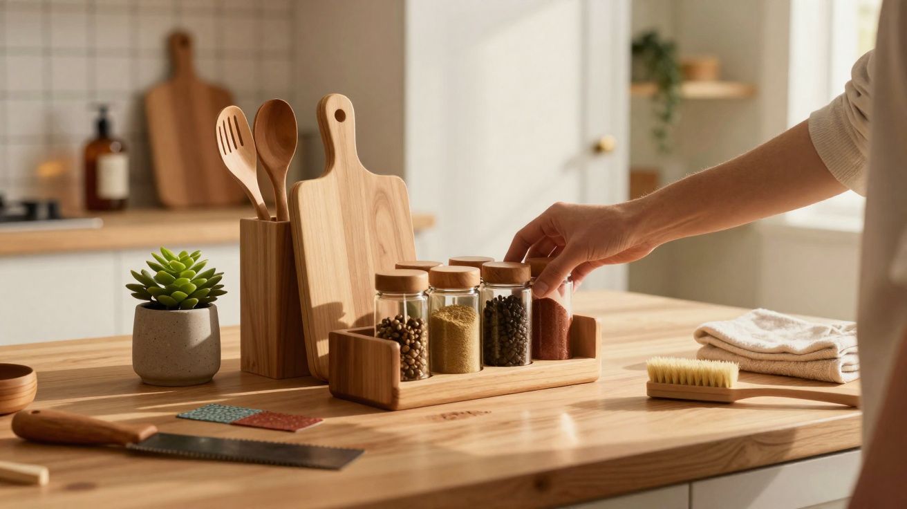 Mão feminina a pegar frasco de especiarias numa bancada de cozinha com utensílios de madeira e planta decorativa.