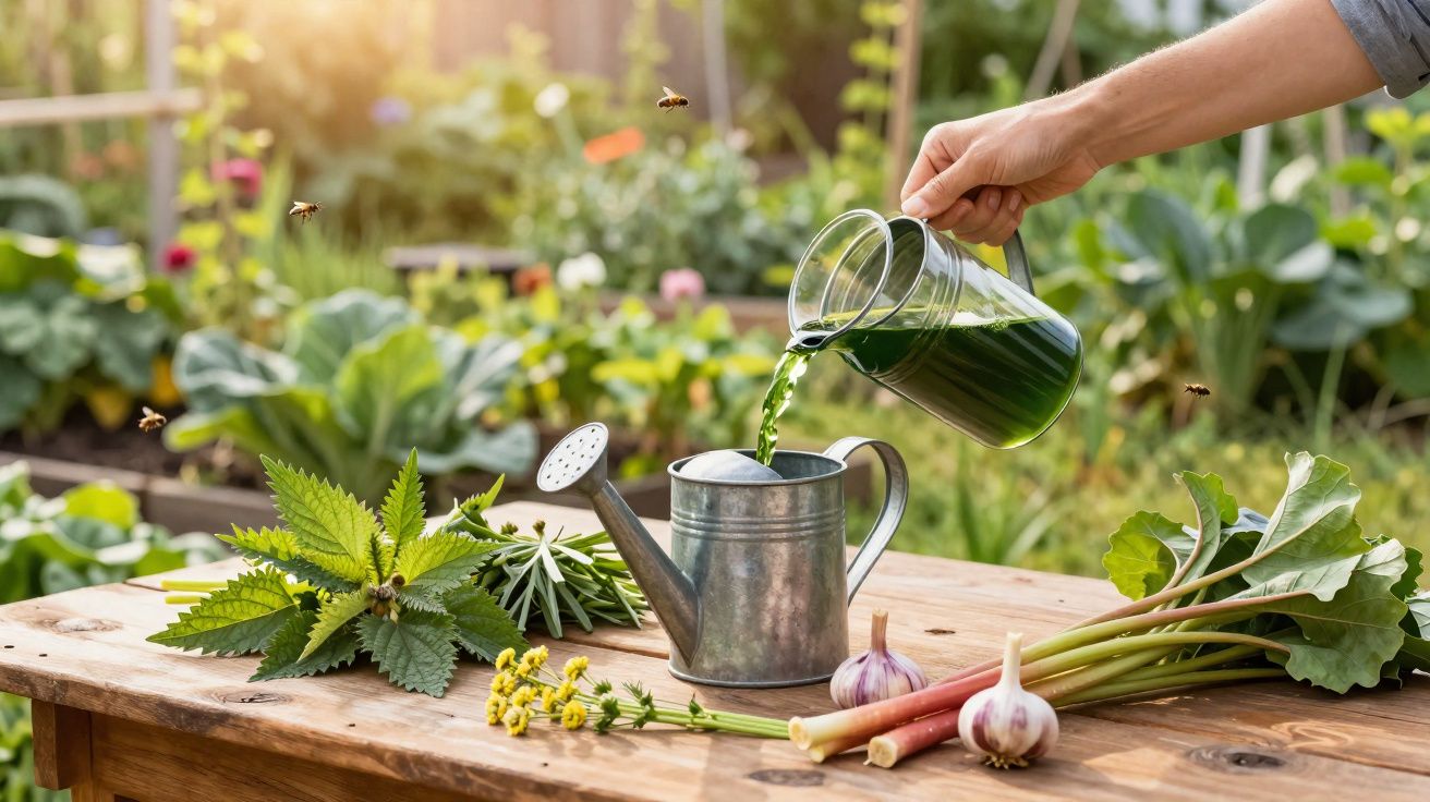 Pessoa a verter líquido verde numa regadeira, com plantas e abelhas num jardim ao fundo.