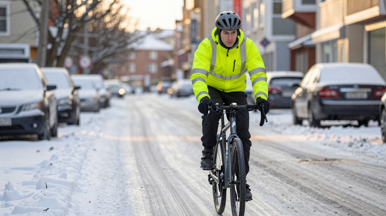 Homem de casaco amarelo e capacete anda de bicicleta numa rua coberta de neve numa cidade.