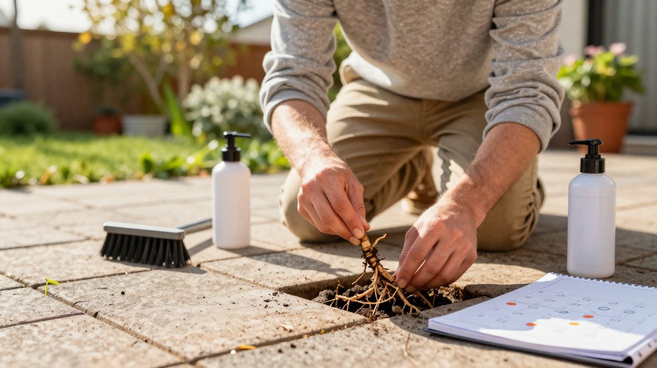 Pessoa a plantar raízes numa calçada, com ferramentas e agenda ao lado, num jardim ensolarado.