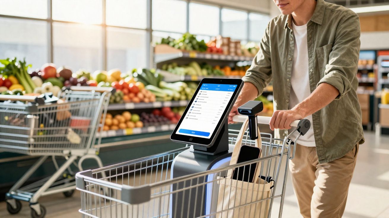 Homem a empurrar carrinho de supermercado com ecrã digital num ambiente de loja moderna e iluminada.