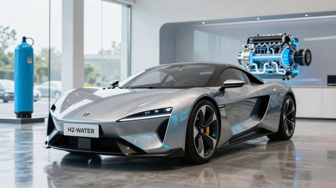 Carro desportivo elétrico prateado estacionado em showroom moderno com motor exposto ao fundo.