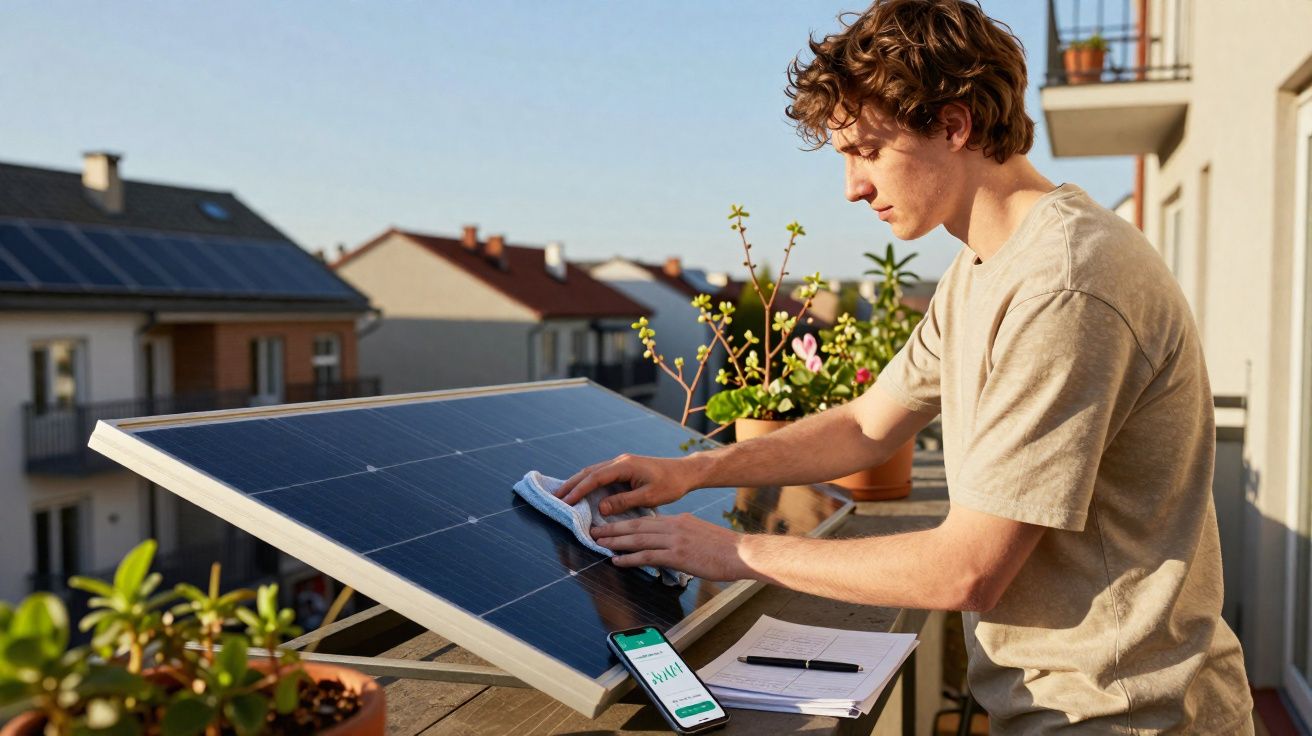 Homem limpa painel solar num terraço com plantas, telefone e caderno ao lado ao pôr do sol.