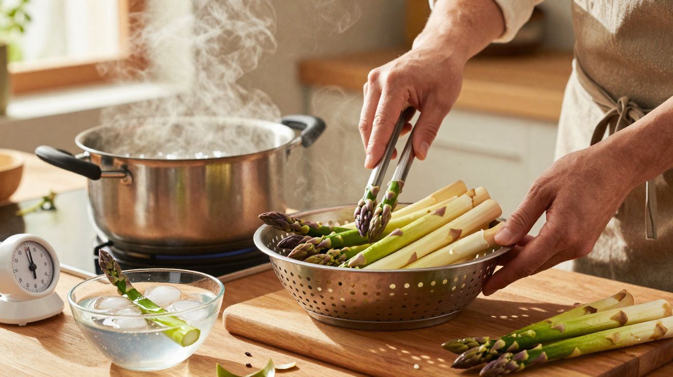 Pessoa a preparar espargos para cozinhar numa cozinha com panela a ferver e utensílios na bancada.