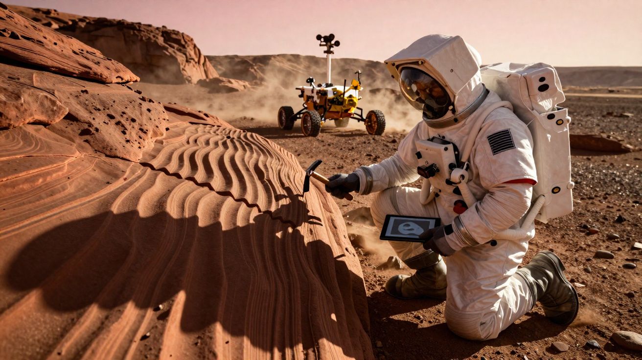 Astronauta em fato espacial examina rochas vermelhas com rover ao fundo num terreno árido marciano.