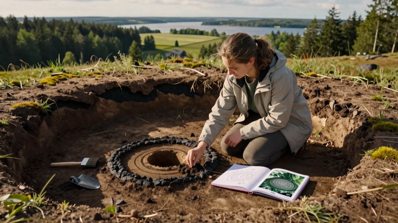 Mulher a escavar e montar estrutura circular em terra, com livro aberto e ferramentas num campo com floresta ao fundo.
