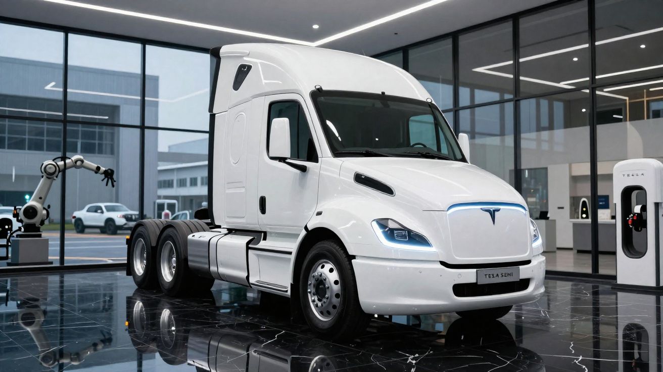 Camião Tesla Semi branco estacionado em showroom moderno com carregador elétrico e robô ao fundo.