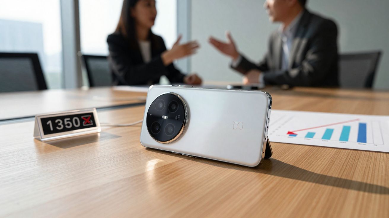 Smartphone branco apoiado numa mesa de madeira com dois profissionais a discutir ao fundo e gráfico com barras.