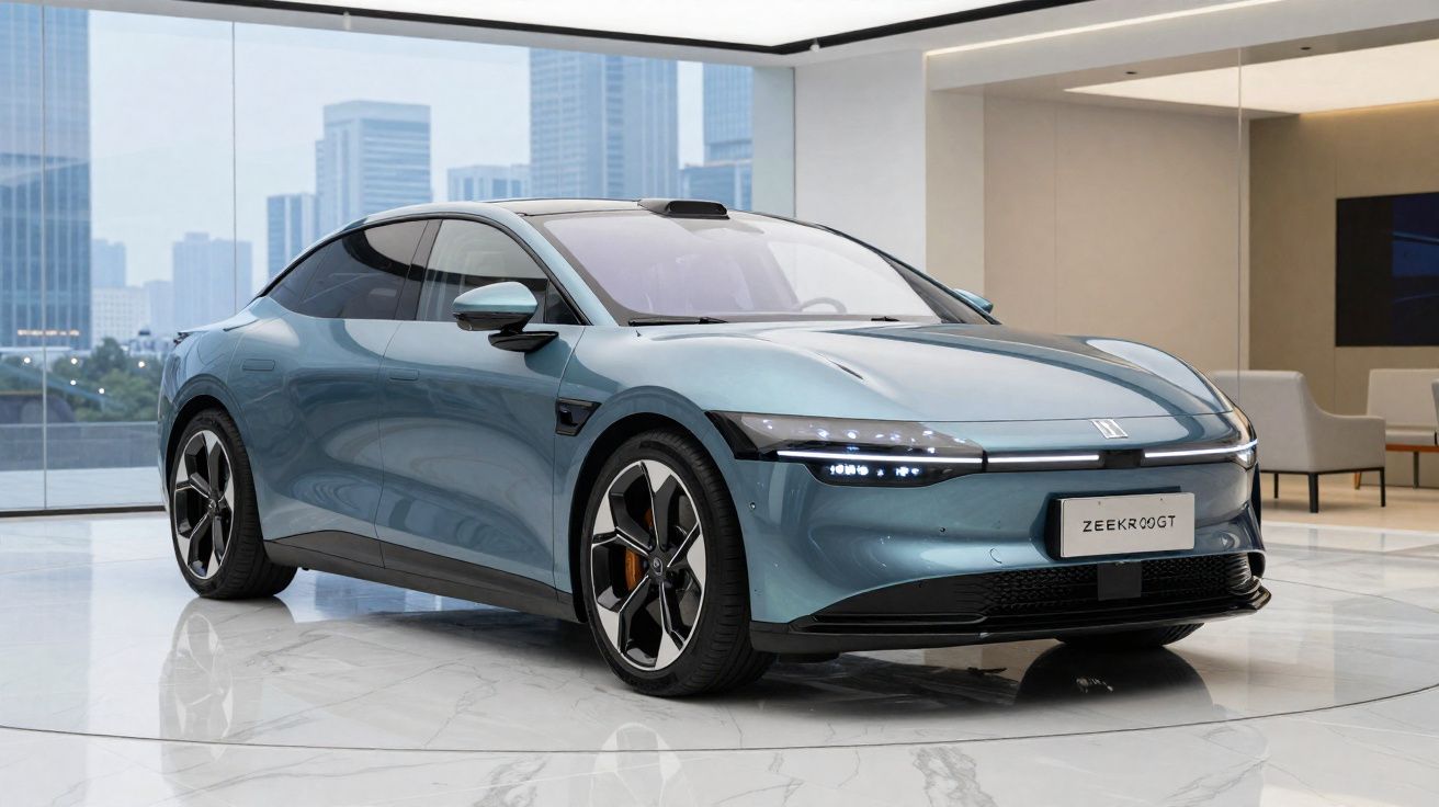 Carro elétrico azul metálico Zeekr 009GT em sala moderna com chão branco e vista urbana.