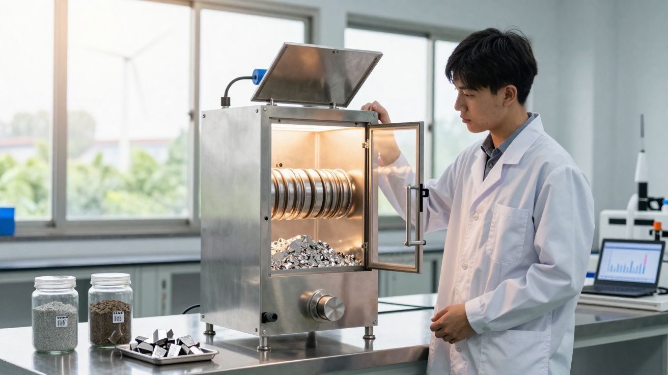 Homem de bata branca a operar máquina industrial numa bancada de laboratório com amostras e computador.