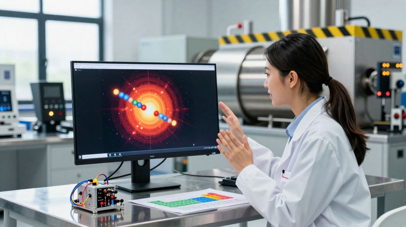 Cientista no laboratório analisa imagem digital de sistema solar exibida num ecrã de computador.