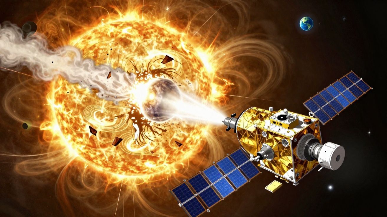 Ilustração de satélite a investigar erupção solar com Terra ao fundo no espaço.