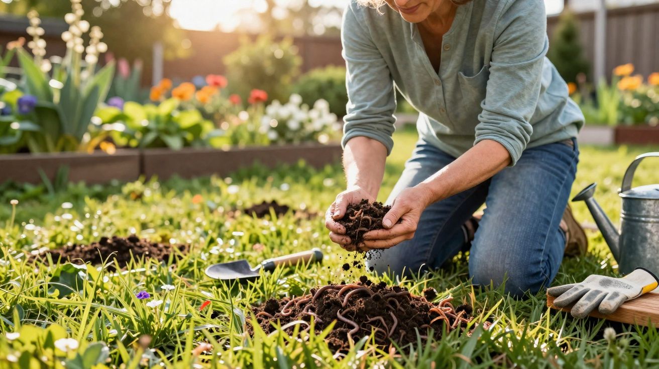 Pessoa ajoelhada no jardim a mexer terra com minhocas para compostagem junto a regador e luvas.