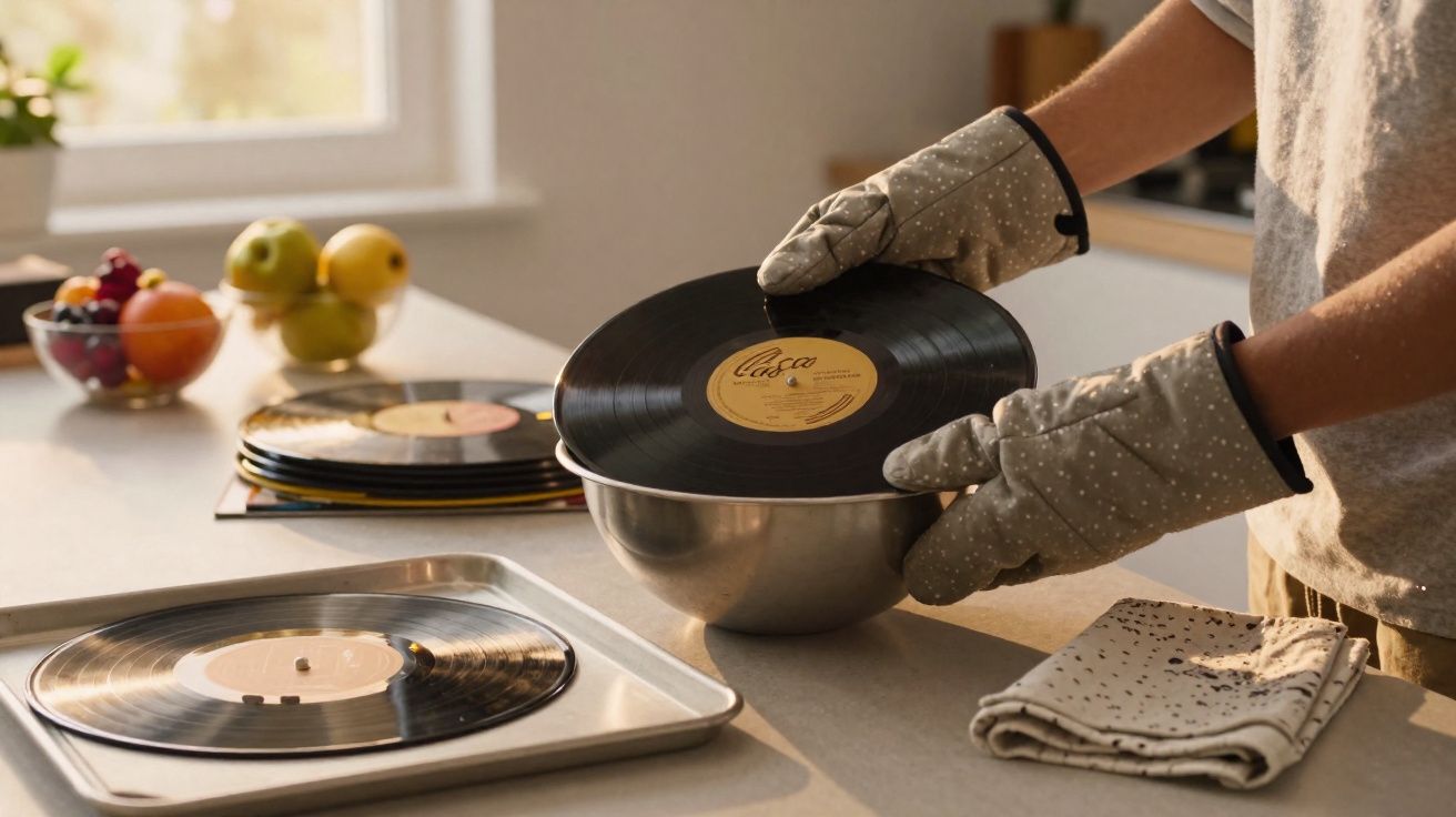 Pessoa a limpar discos de vinil com luvas e uma tigela metálica numa cozinha bem iluminada