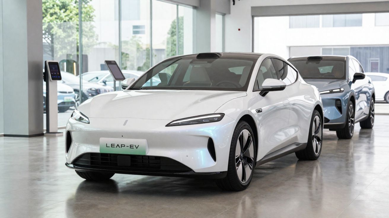 Carro elétrico branco LEAP-EV em exposição numa sala moderna com vidro e piso refletor.