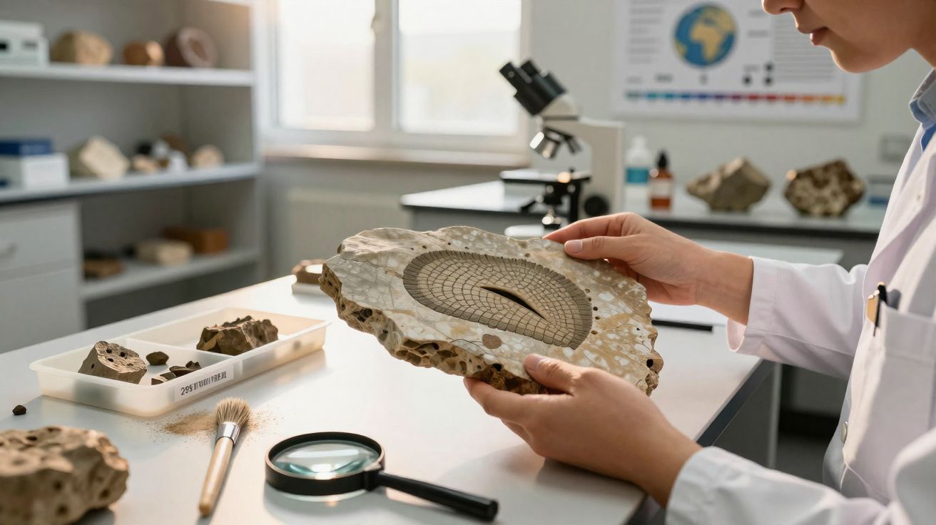 Pessoa a examinar fóssil numa pedra num laboratório científico com lupa e microscópio ao fundo.