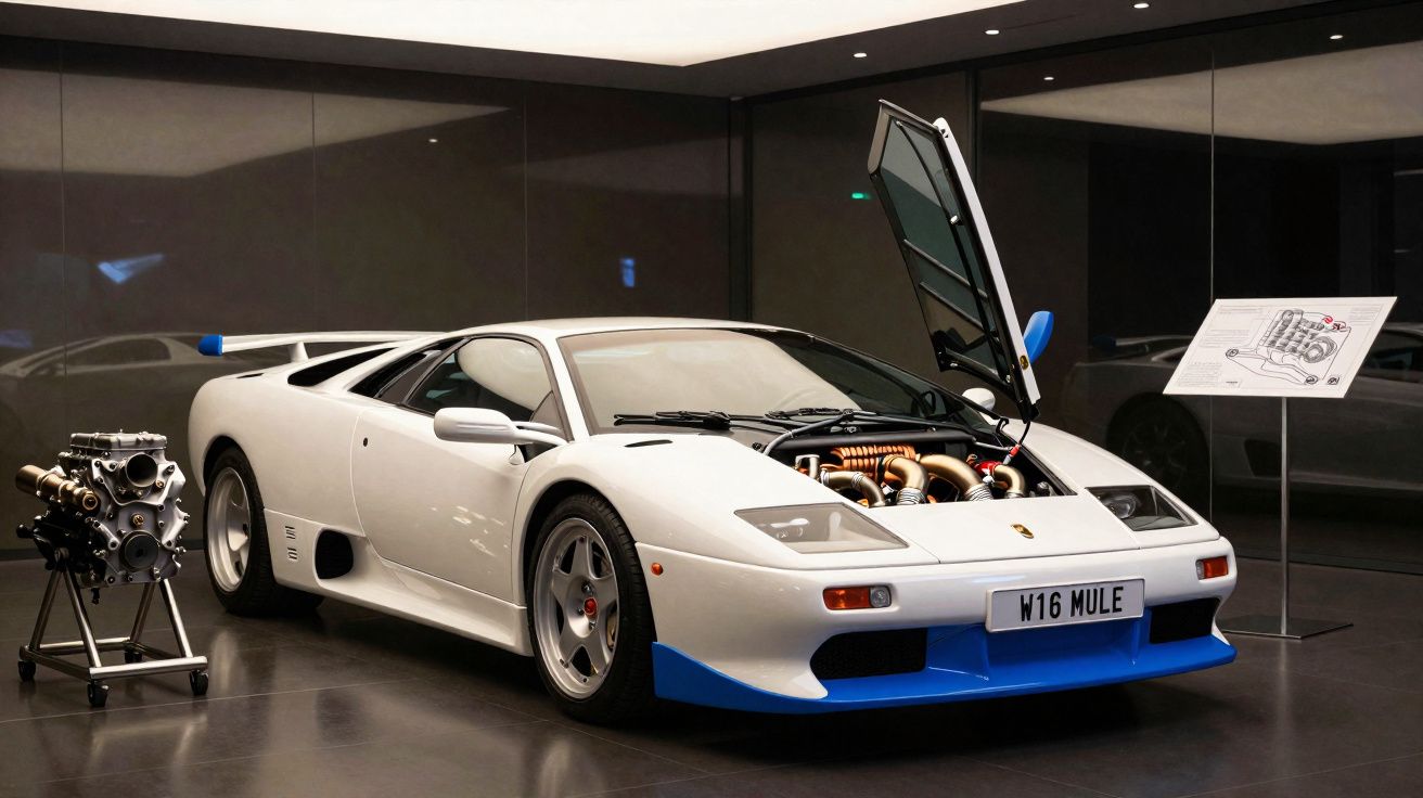 Carro desportivo branco com pormenores azuis e motor exposto em museu moderno com iluminação artificial.