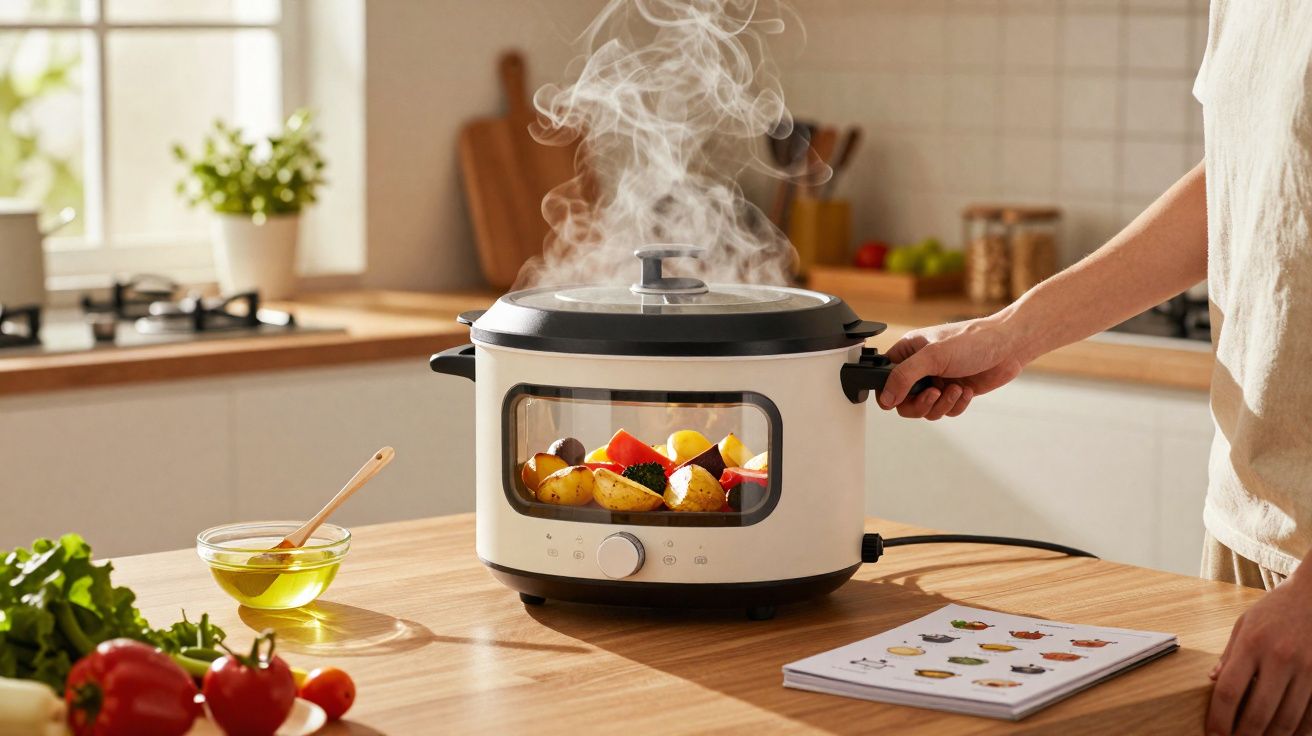 Panela elétrica a cozinhar legumes frescos numa cozinha moderna com vapor a sair da tampa.