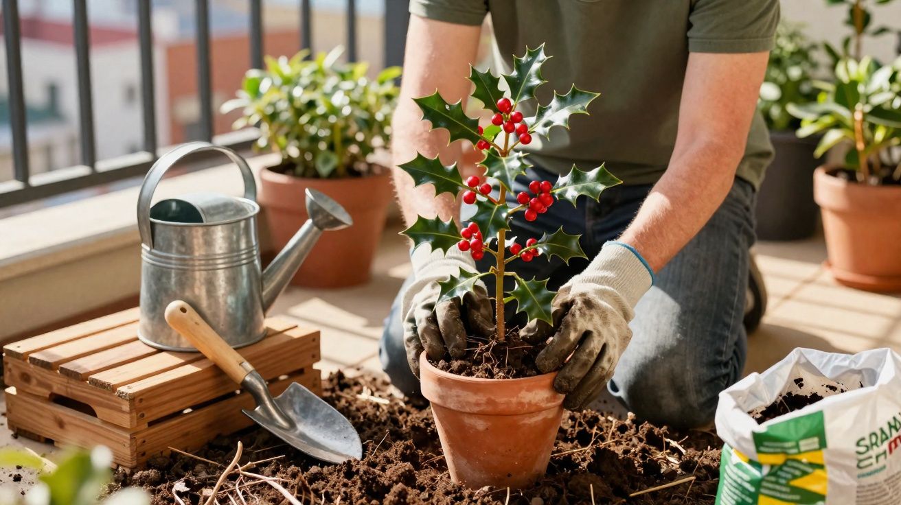 Pessoa a plantar azevinho com frutos vermelhos em vaso de barro numa varanda ensolarada.