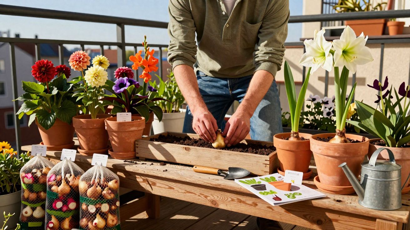 Pessoa a plantar bulbos em vaso num terraço com várias flores em vasos e ferramentas de jardinagem.