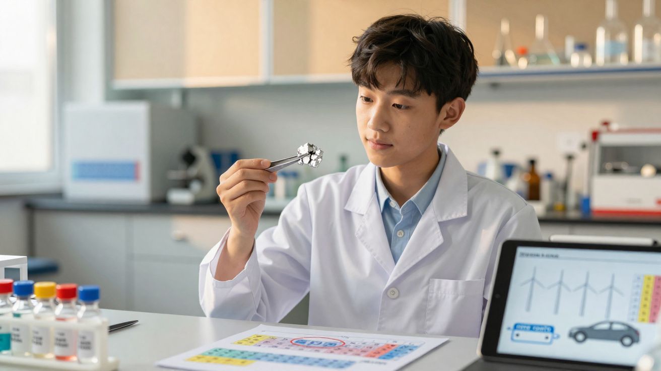 Jovem cientista em laboratório analisa amostra com pinça, com tabela periódica e gráfico no ecrã ao fundo.